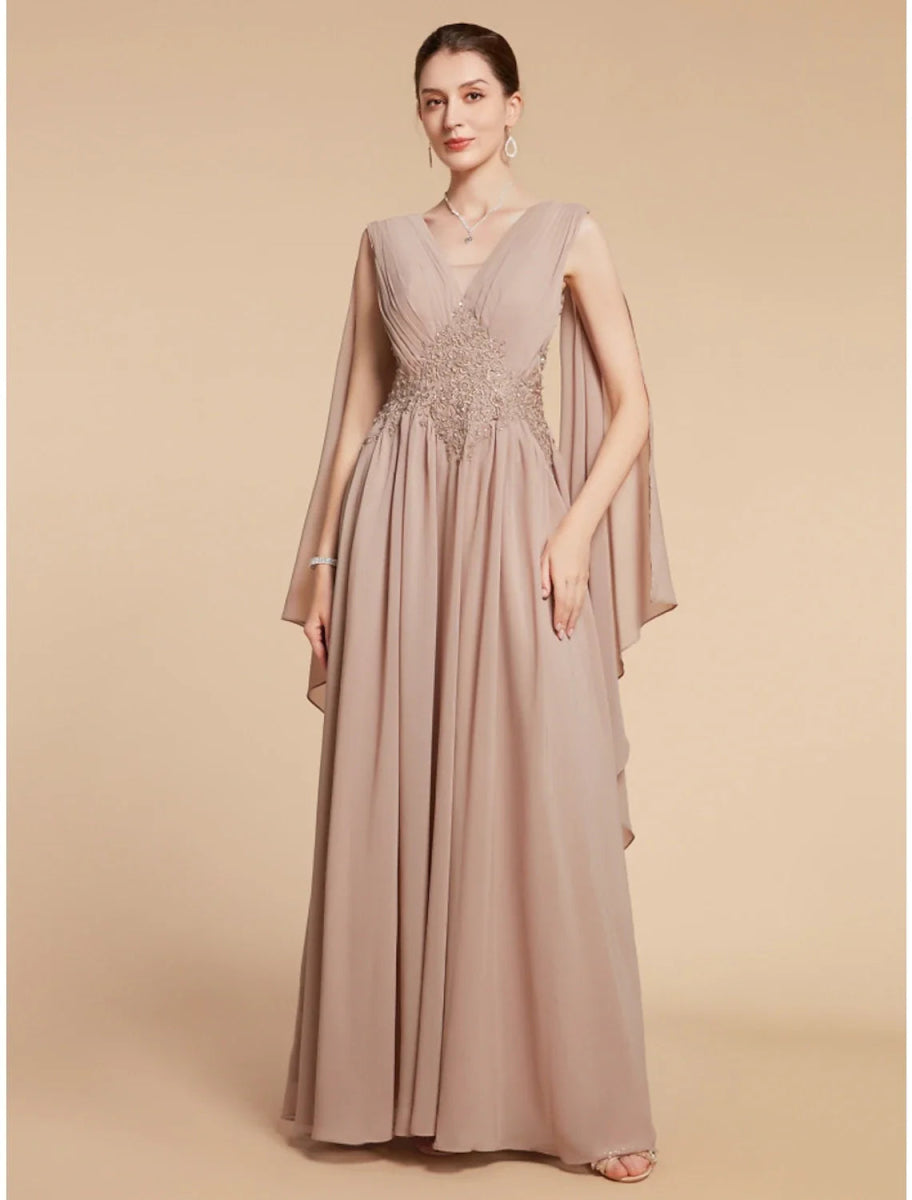 NumberSea - A - Line Mother of the Bride Dress Wedding Guest Elegant V Neck Ankle Length Chiffon Lace Sleeveless with Ruching Solid Color