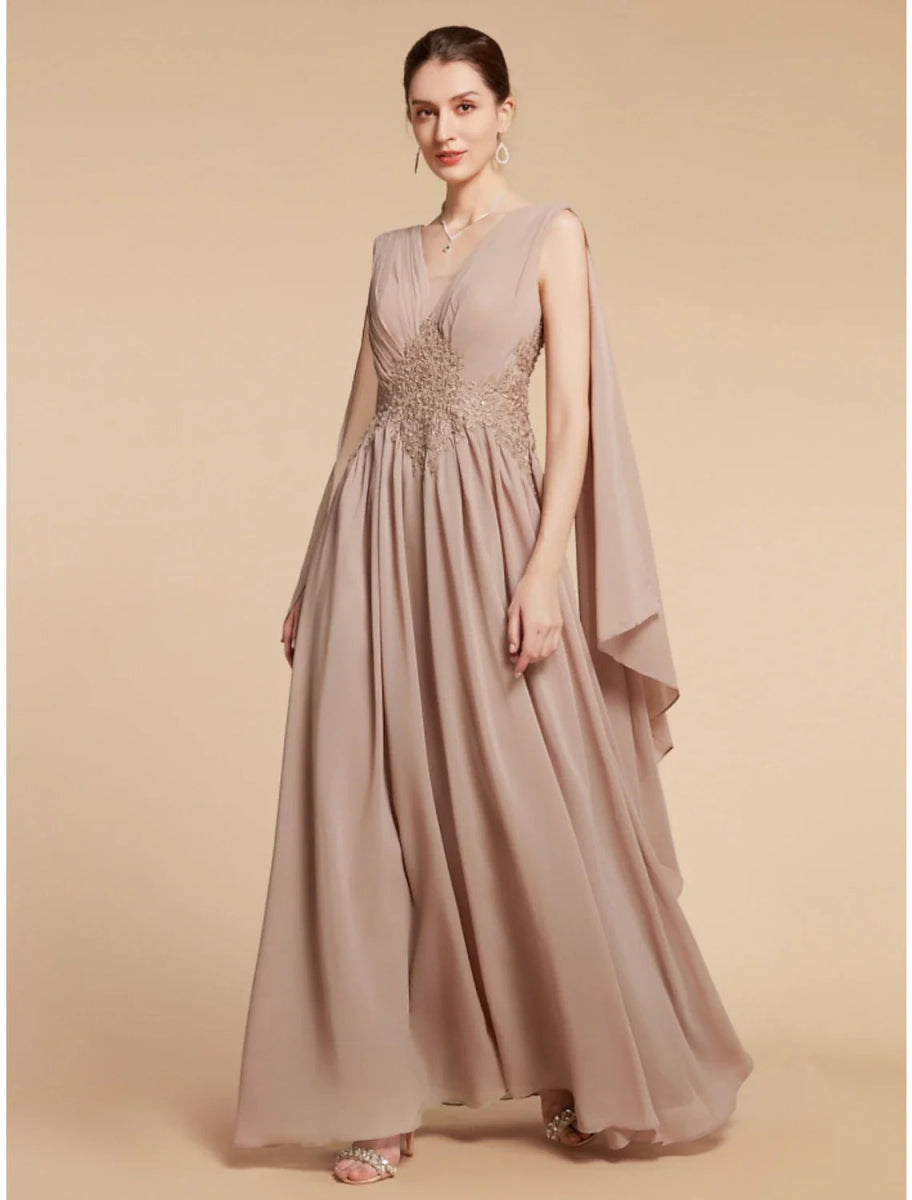 NumberSea - A - Line Mother of the Bride Dress Wedding Guest Elegant V Neck Ankle Length Chiffon Lace Sleeveless with Ruching Solid Color