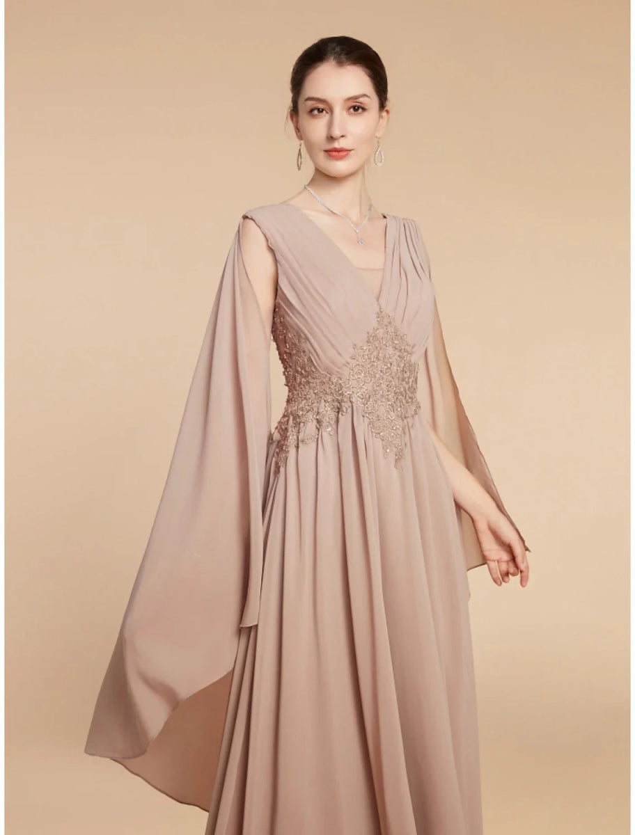 NumberSea - A - Line Mother of the Bride Dress Wedding Guest Elegant V Neck Ankle Length Chiffon Lace Sleeveless with Ruching Solid Color