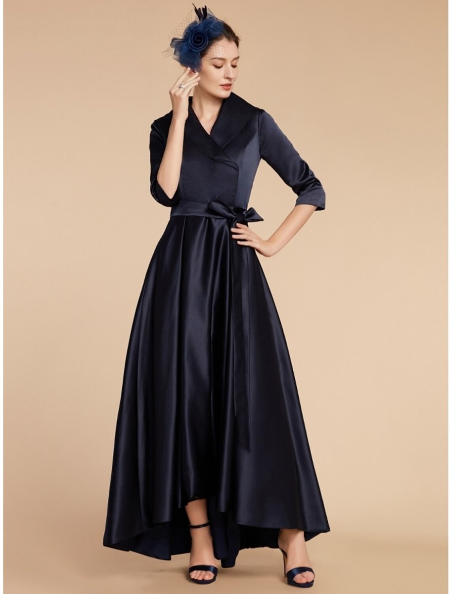 NumberSea - A - Line Mother of the Bride Dress Wedding Guest Elegant V Neck Ankle Length Satin Half Sleeve with Sash / Ribbon Ruching Solid Color