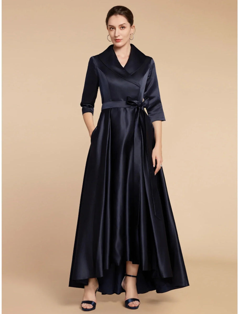 NumberSea - A - Line Mother of the Bride Dress Wedding Guest Elegant V Neck Ankle Length Satin Half Sleeve with Sash / Ribbon Ruching Solid Color