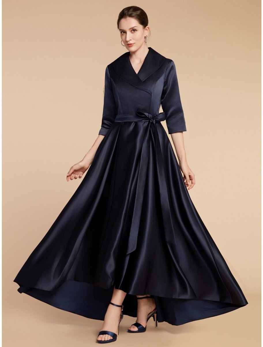 NumberSea - A - Line Mother of the Bride Dress Wedding Guest Elegant V Neck Ankle Length Satin Half Sleeve with Sash / Ribbon Ruching Solid Color