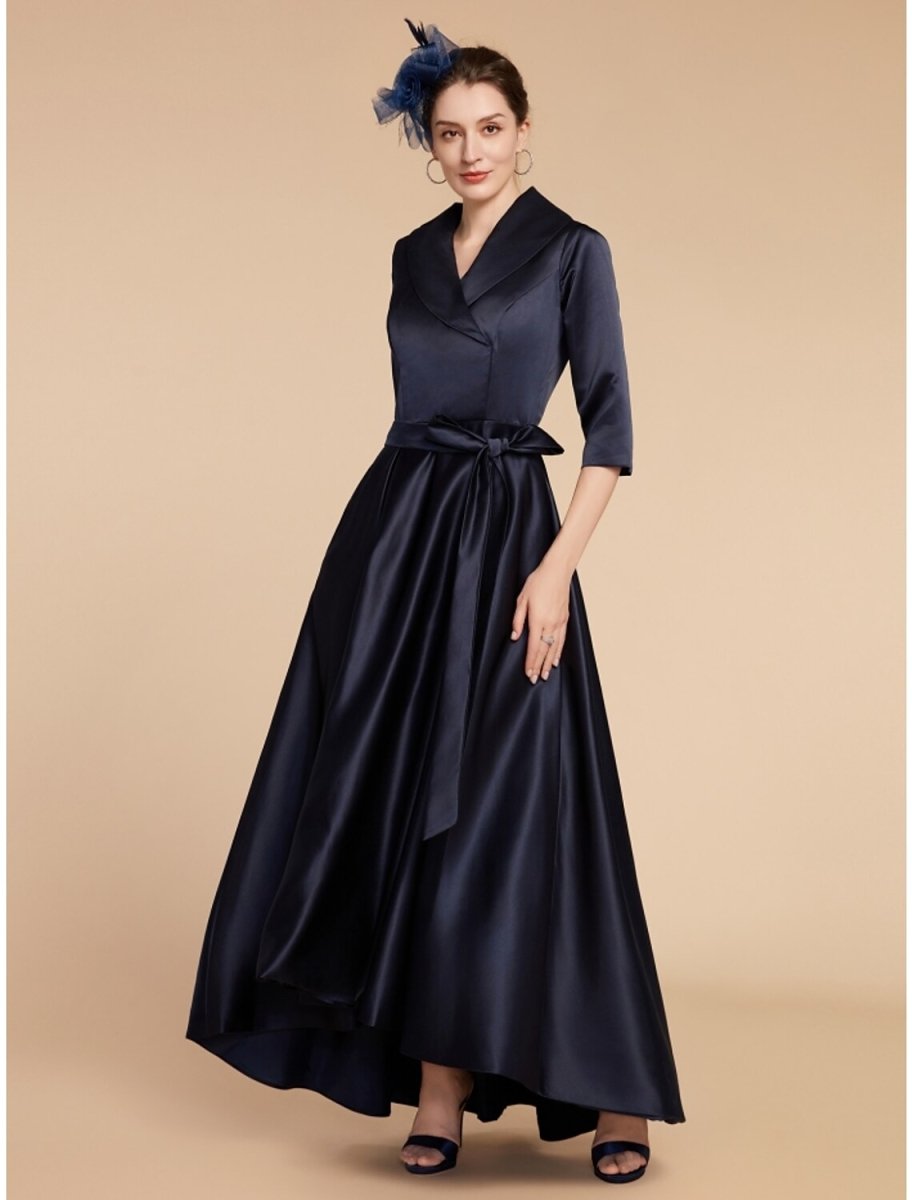 NumberSea - A - Line Mother of the Bride Dress Wedding Guest Elegant V Neck Ankle Length Satin Half Sleeve with Sash / Ribbon Ruching Solid Color