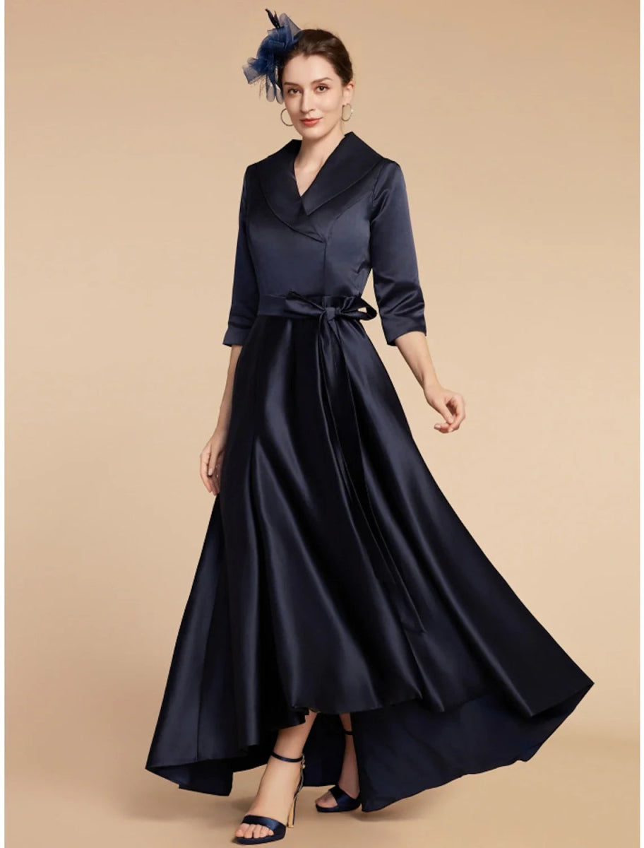 NumberSea - A - Line Mother of the Bride Dress Wedding Guest Elegant V Neck Ankle Length Satin Half Sleeve with Sash / Ribbon Ruching Solid Color