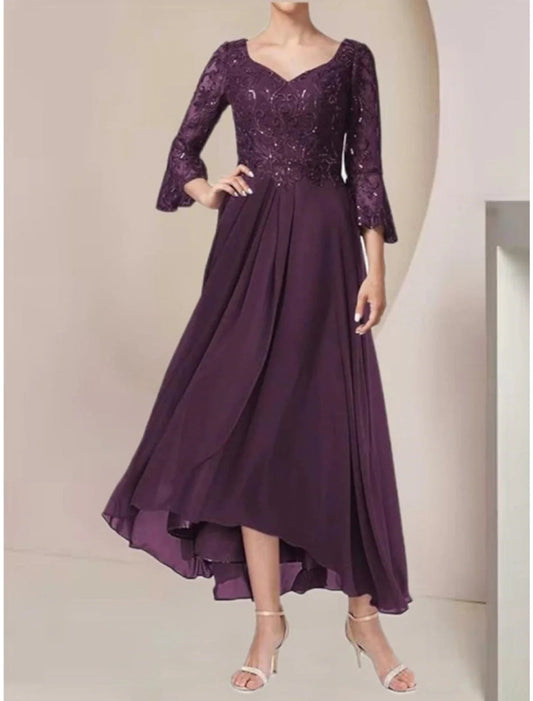 NumberSea - A - Line Mother of the Bride Dress Wedding Guest Elegant V Neck Asymmetrical Ankle Length Chiffon Lace 3/4 Length Sleeve with Pleats Sequin Solid Color