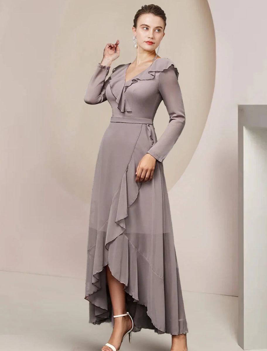 NumberSea - A - Line Mother of the Bride Dress Wedding Guest Elegant V Neck Asymmetrical Ankle Length Chiffon Long Sleeve with Ruffles Solid Color