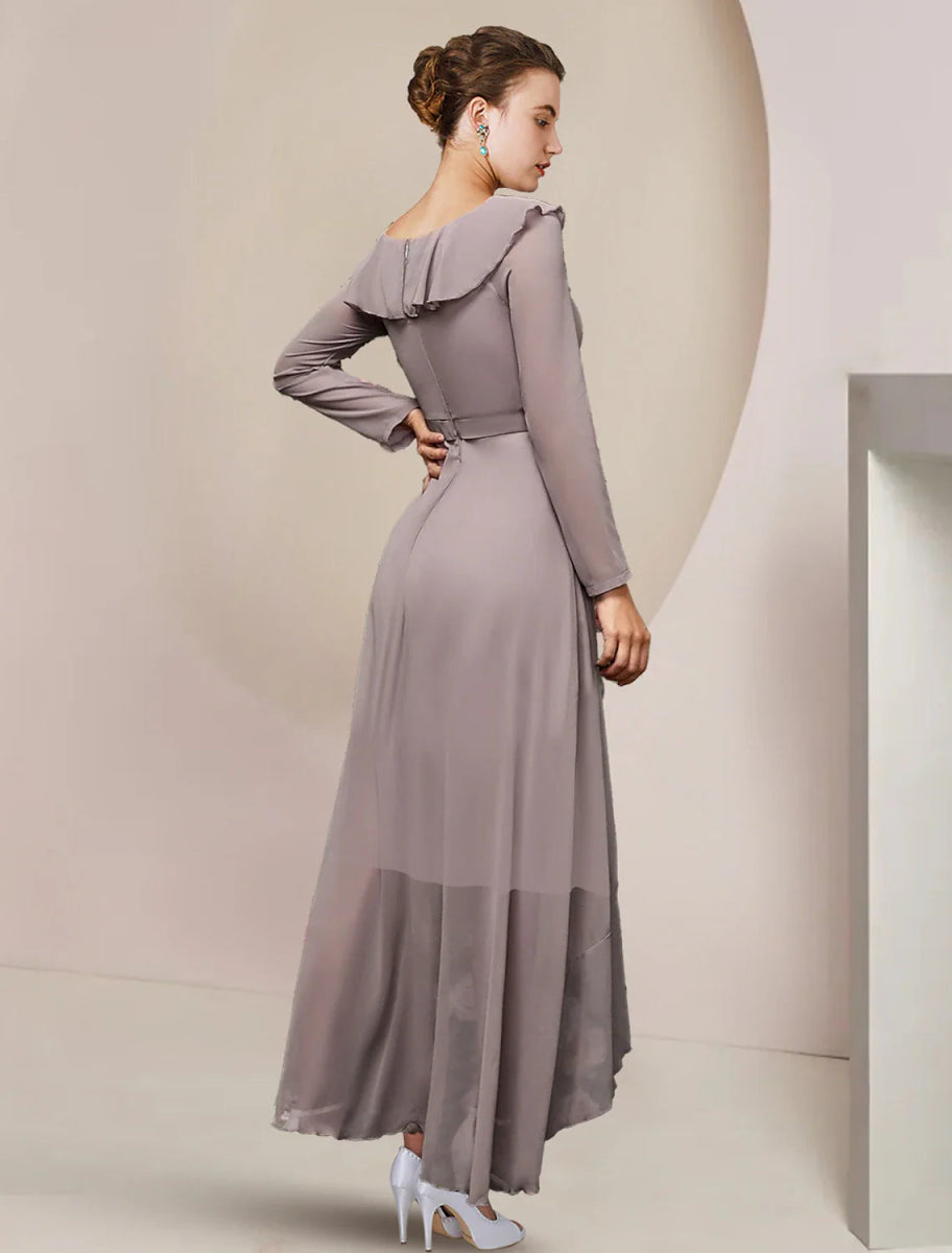 NumberSea - A - Line Mother of the Bride Dress Wedding Guest Elegant V Neck Asymmetrical Ankle Length Chiffon Long Sleeve with Ruffles Solid Color