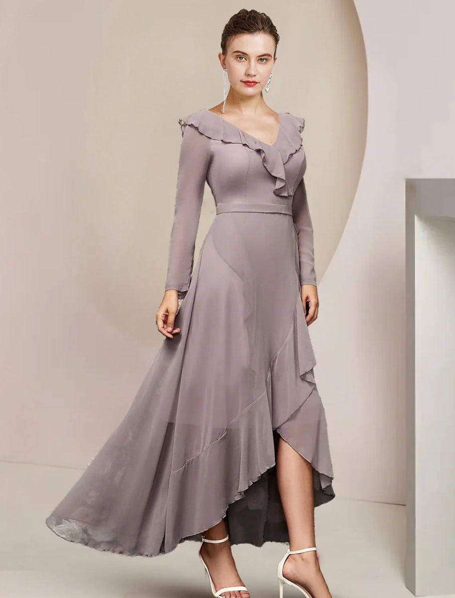 NumberSea - A - Line Mother of the Bride Dress Wedding Guest Elegant V Neck Asymmetrical Ankle Length Chiffon Long Sleeve with Ruffles Solid Color