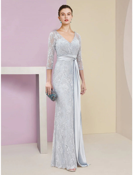 NumberSea - A - Line Mother of the Bride Dress Wedding Guest Elegant V Neck Floor Length Chiffon Lace 3/4 Length Sleeve with Ruching Solid Color