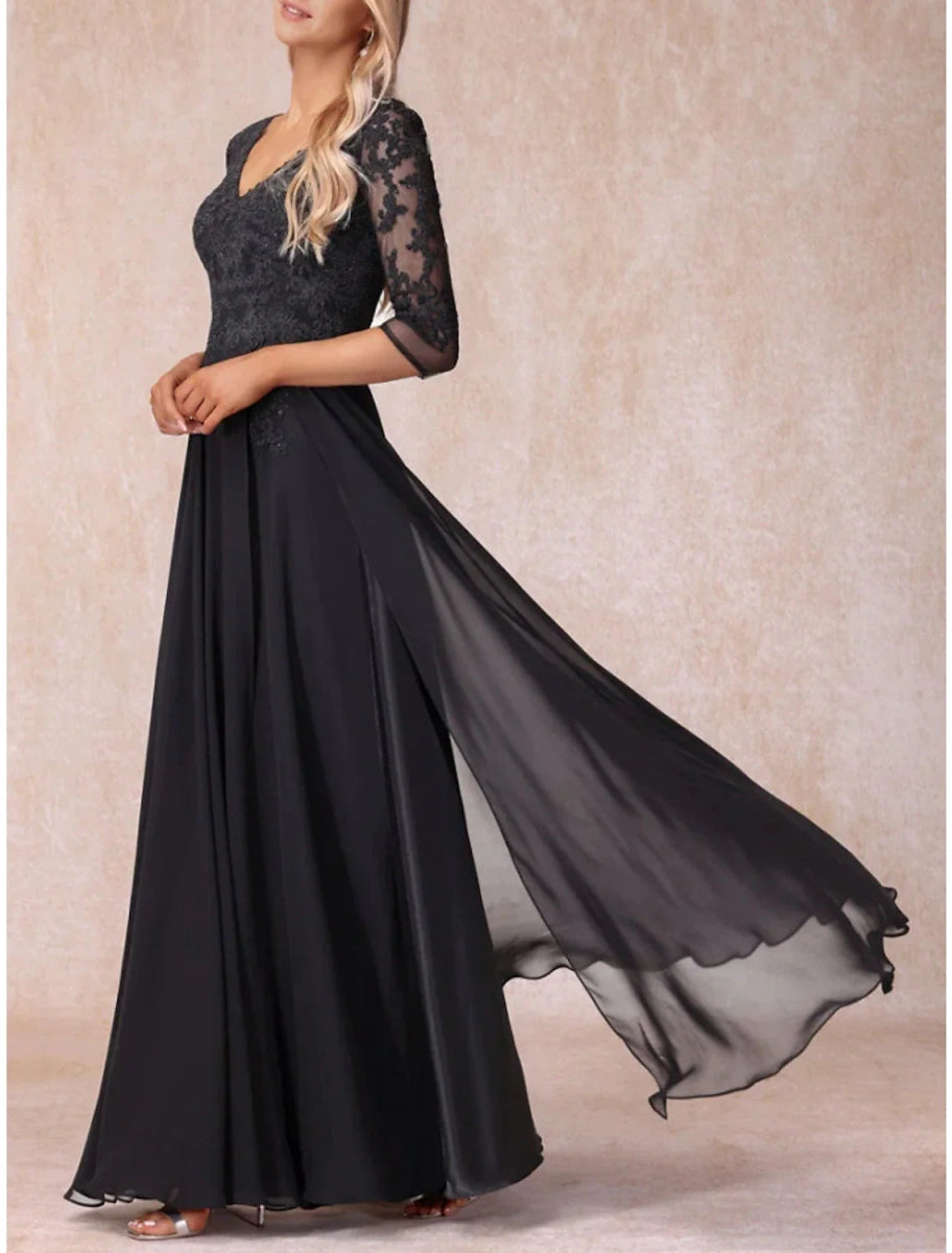 NumberSea - A - Line Mother of the Bride Dress Wedding Guest Elegant V Neck Floor Length Chiffon Lace 3/4 Length Sleeve with Ruching Solid Color