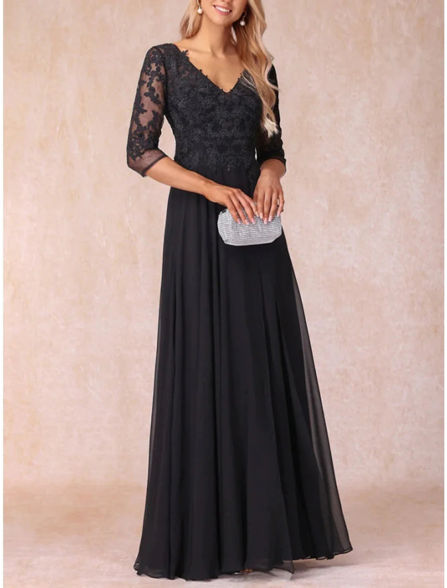 NumberSea - A - Line Mother of the Bride Dress Wedding Guest Elegant V Neck Floor Length Chiffon Lace 3/4 Length Sleeve with Ruching Solid Color