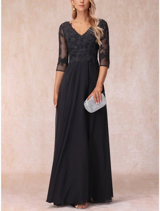 NumberSea - A - Line Mother of the Bride Dress Wedding Guest Elegant V Neck Floor Length Chiffon Lace 3/4 Length Sleeve with Ruching Solid Color