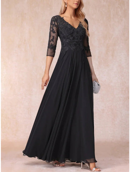 NumberSea - A - Line Mother of the Bride Dress Wedding Guest Elegant V Neck Floor Length Chiffon Lace 3/4 Length Sleeve with Ruching Solid Color