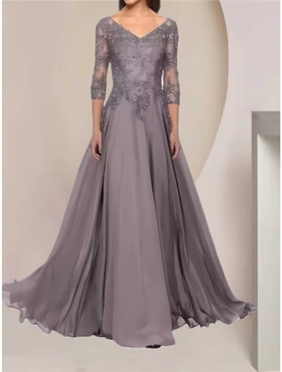 NumberSea - A - Line Mother of the Bride Dress Wedding Guest Elegant V Neck Floor Length Chiffon Lace Half Sleeve with Ruching Solid Color