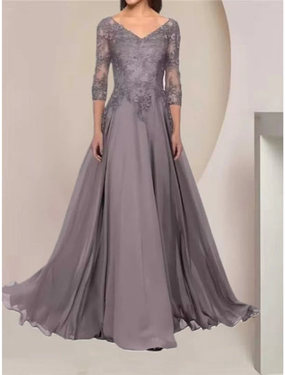 NumberSea - A - Line Mother of the Bride Dress Wedding Guest Elegant V Neck Floor Length Chiffon Lace Half Sleeve with Ruching Solid Color