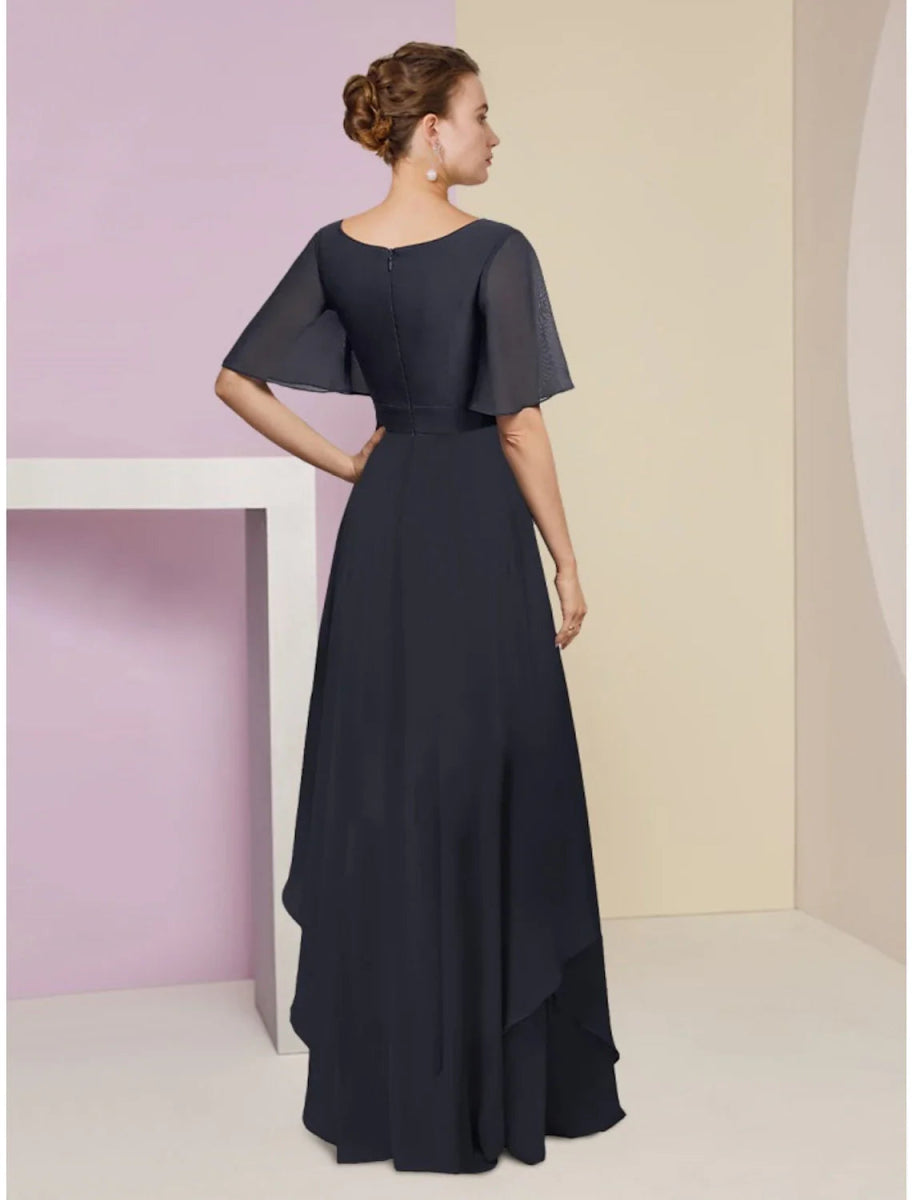 NumberSea - A - Line Mother of the Bride Dress Wedding Guest Elegant V Neck Floor Length Chiffon Short Sleeve with Crystal Brooch Ruching