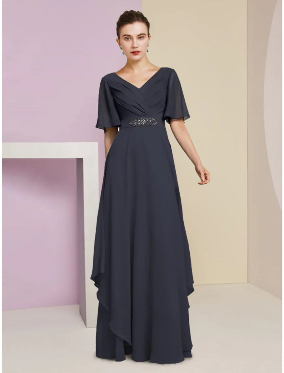 NumberSea - A - Line Mother of the Bride Dress Wedding Guest Elegant V Neck Floor Length Chiffon Short Sleeve with Crystal Brooch Ruching