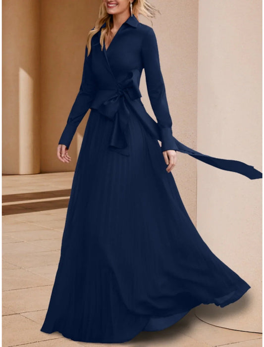 NumberSea - A - Line Mother of the Bride Dress Wedding Guest Elegant V Neck Floor Length Stretch Chiffon Long Sleeve with Bow(s) Ruching Solid Color