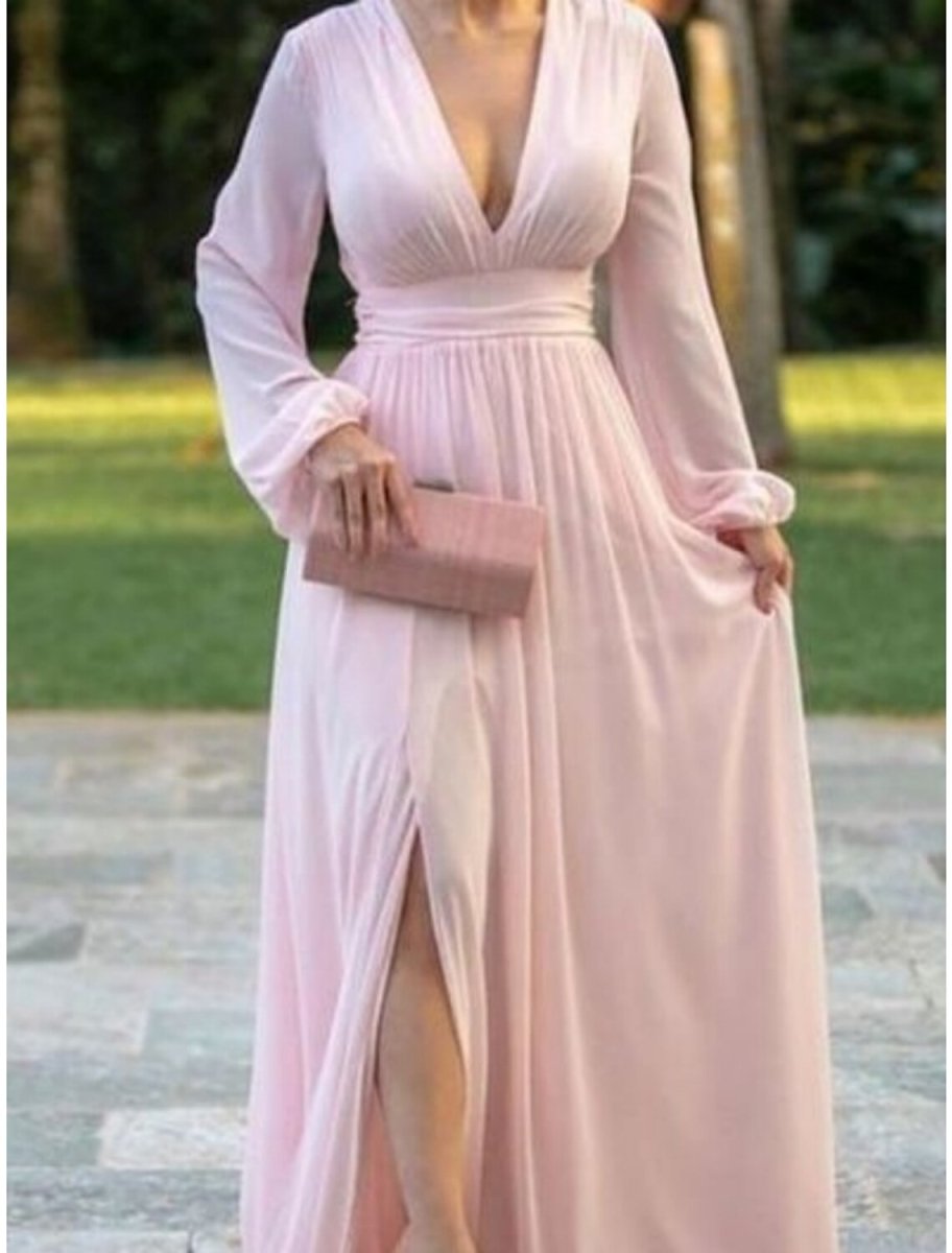 NumberSea - A - Line Mother of the Bride Dress Wedding Guest Elegant V Neck Sweep / Brush Train Chiffon Long Sleeve with Split Front Ruching