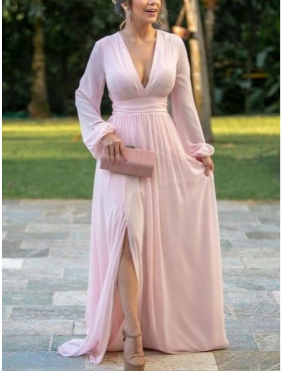 NumberSea - A - Line Mother of the Bride Dress Wedding Guest Elegant V Neck Sweep / Brush Train Chiffon Long Sleeve with Split Front Ruching