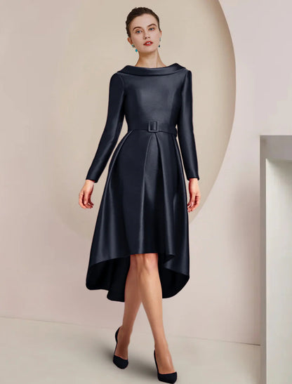 NumberSea - A - Line Mother of the Bride Dress Wedding Guest Party Elegant High Low Scoop Neck Asymmetrical Knee Length Satin Long Sleeve with Crystal Brooch