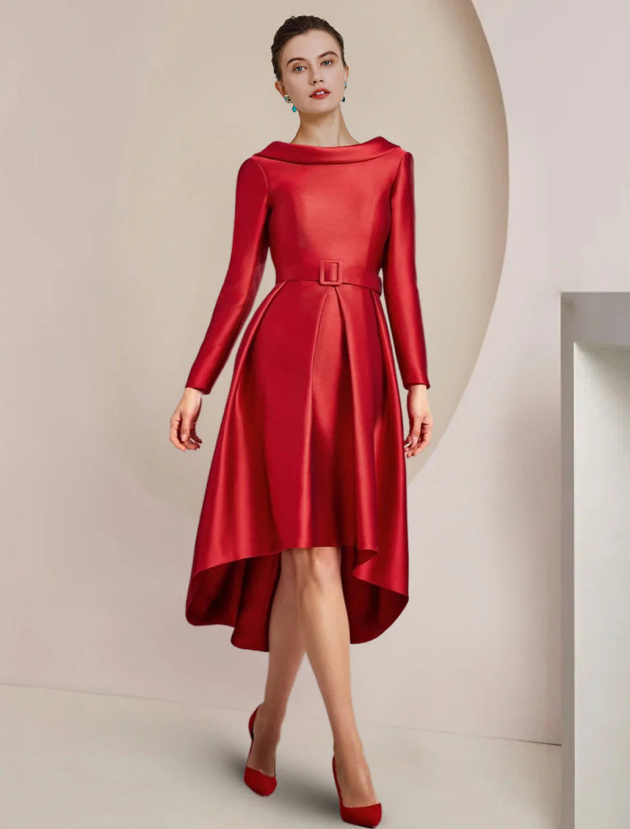 NumberSea - A - Line Mother of the Bride Dress Wedding Guest Party Elegant High Low Scoop Neck Asymmetrical Knee Length Satin Long Sleeve with Crystal Brooch