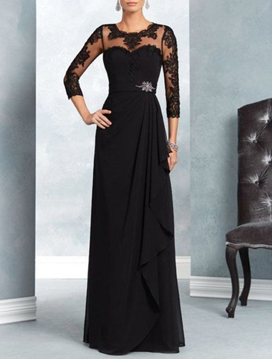 NumberSea - A - Line Mother of the Bride Dress Wedding Guest Party Elegant Jewel Neck Floor Length Chiffon Lace 3/4 Length Sleeve with Sash / Ribbon Appliques