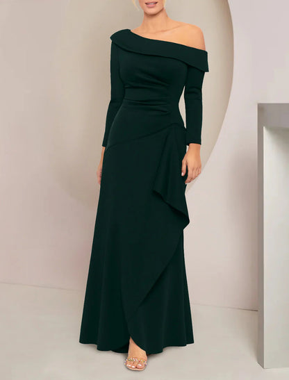 NumberSea - A - Line Mother of the Bride Dress Wedding Guest Party Elegant Off Shoulder Floor Length Stretch Fabric Long Sleeve with Ruffles Solid Color