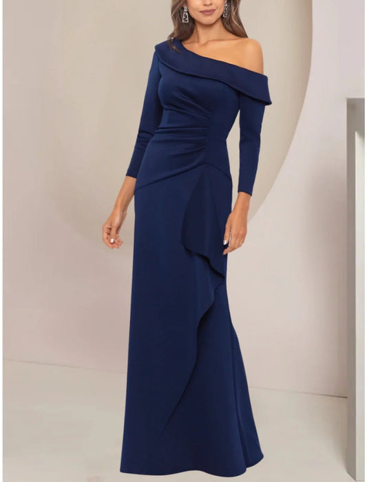 NumberSea - A - Line Mother of the Bride Dress Wedding Guest Party Elegant Off Shoulder Floor Length Stretch Fabric Long Sleeve with Ruffles Solid Color