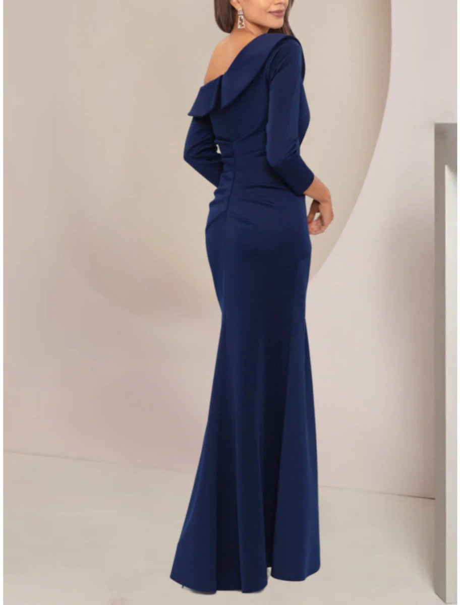 NumberSea - A - Line Mother of the Bride Dress Wedding Guest Party Elegant Off Shoulder Floor Length Stretch Fabric Long Sleeve with Ruffles Solid Color