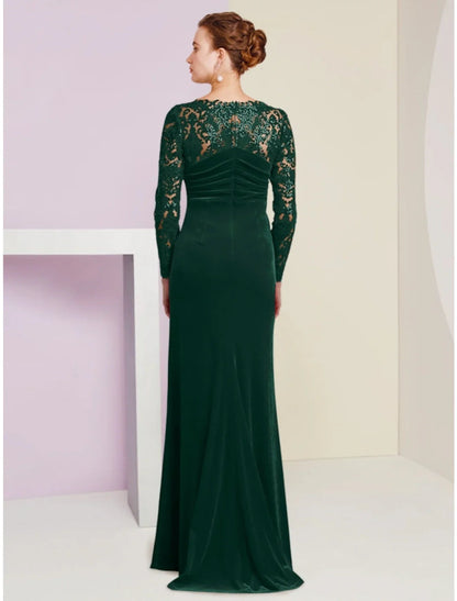 NumberSea - A - Line Mother of the Bride Dress Wedding Guest Party Elegant Scoop Neck Floor Length Velvet Long Sleeve with Lace Sequin Split Front