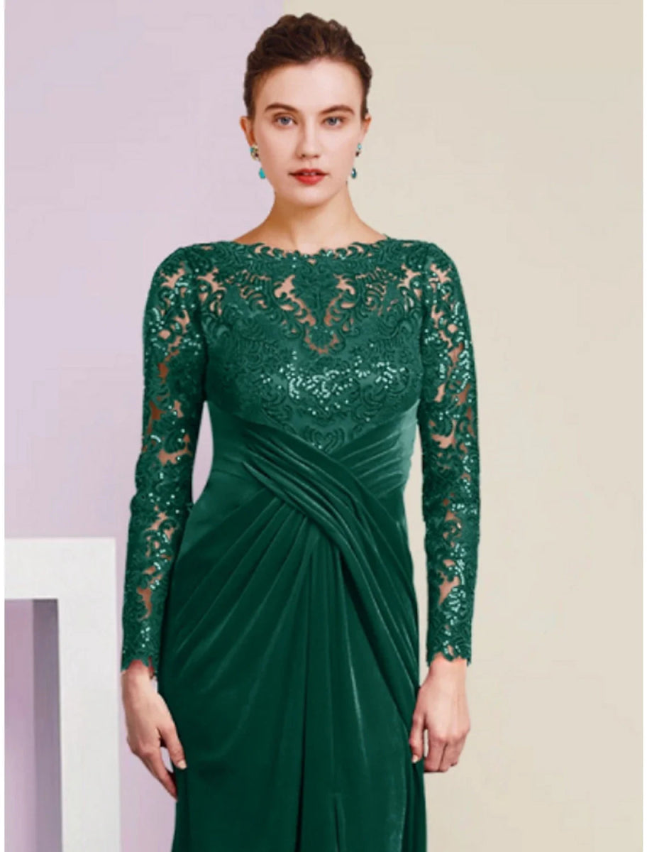 NumberSea - A - Line Mother of the Bride Dress Wedding Guest Party Elegant Scoop Neck Floor Length Velvet Long Sleeve with Lace Sequin Split Front