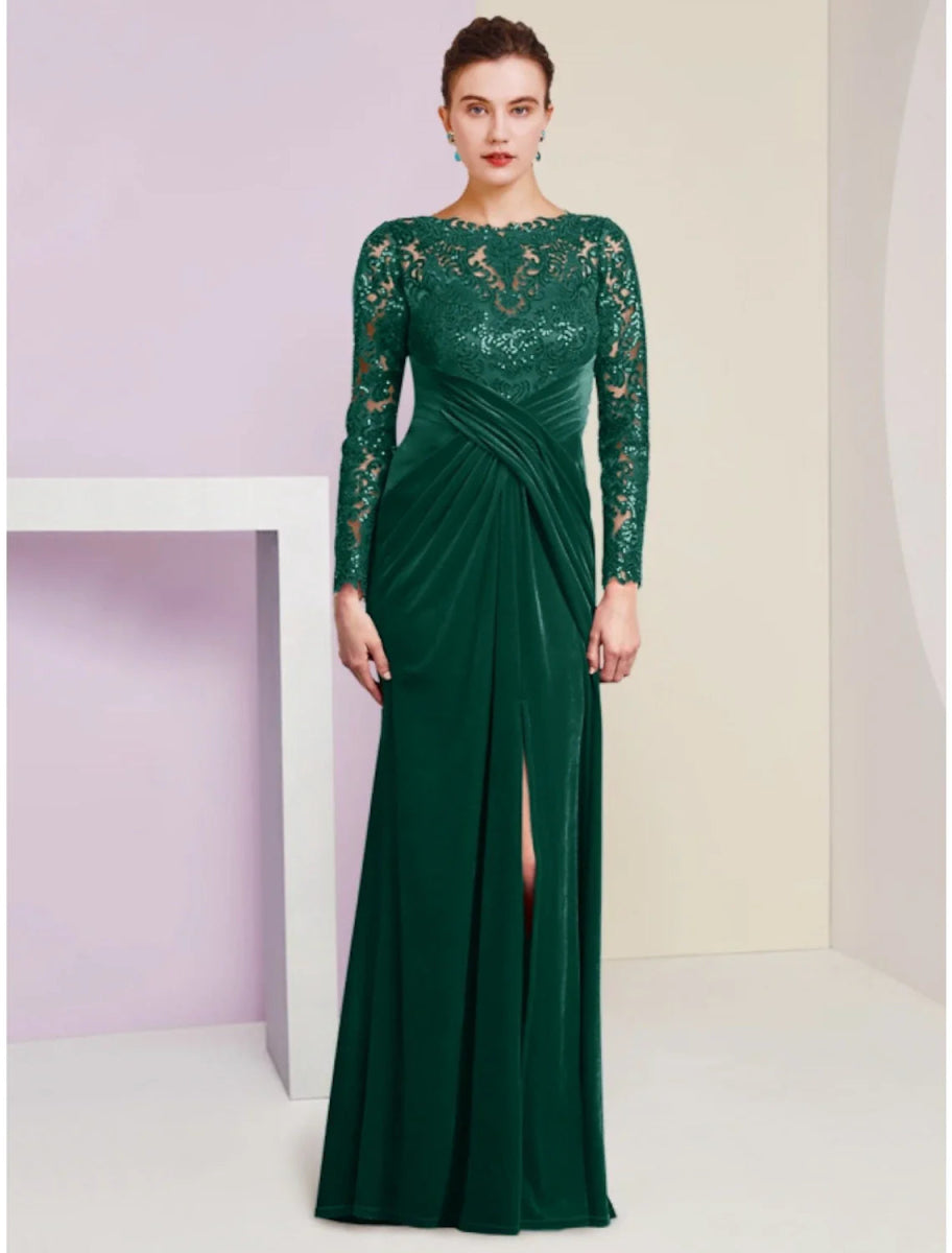 NumberSea - A - Line Mother of the Bride Dress Wedding Guest Party Elegant Scoop Neck Floor Length Velvet Long Sleeve with Lace Sequin Split Front