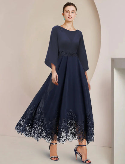 NumberSea - A - Line Mother of the Bride Dress Wedding Guest Party Elegant Scoop Neck Tea Length Chiffon Lace 3/4 Length Sleeve with Appliques