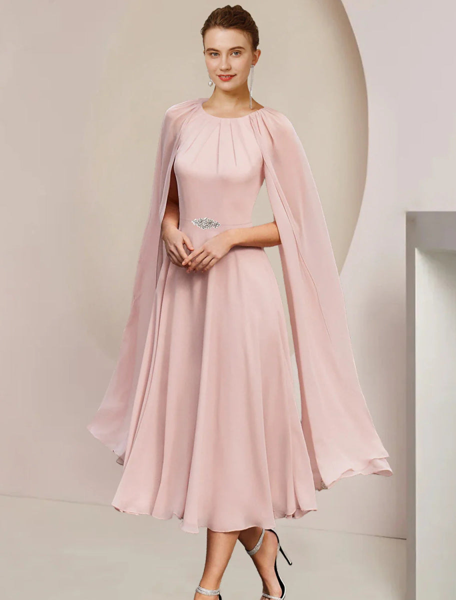 NumberSea - A - Line Mother of the Bride Dress Wedding Guest Party Elegant Scoop Neck Tea Length Chiffon Sleeveless with Pleats Crystal Brooch