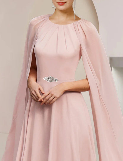 NumberSea - A - Line Mother of the Bride Dress Wedding Guest Party Elegant Scoop Neck Tea Length Chiffon Sleeveless with Pleats Crystal Brooch