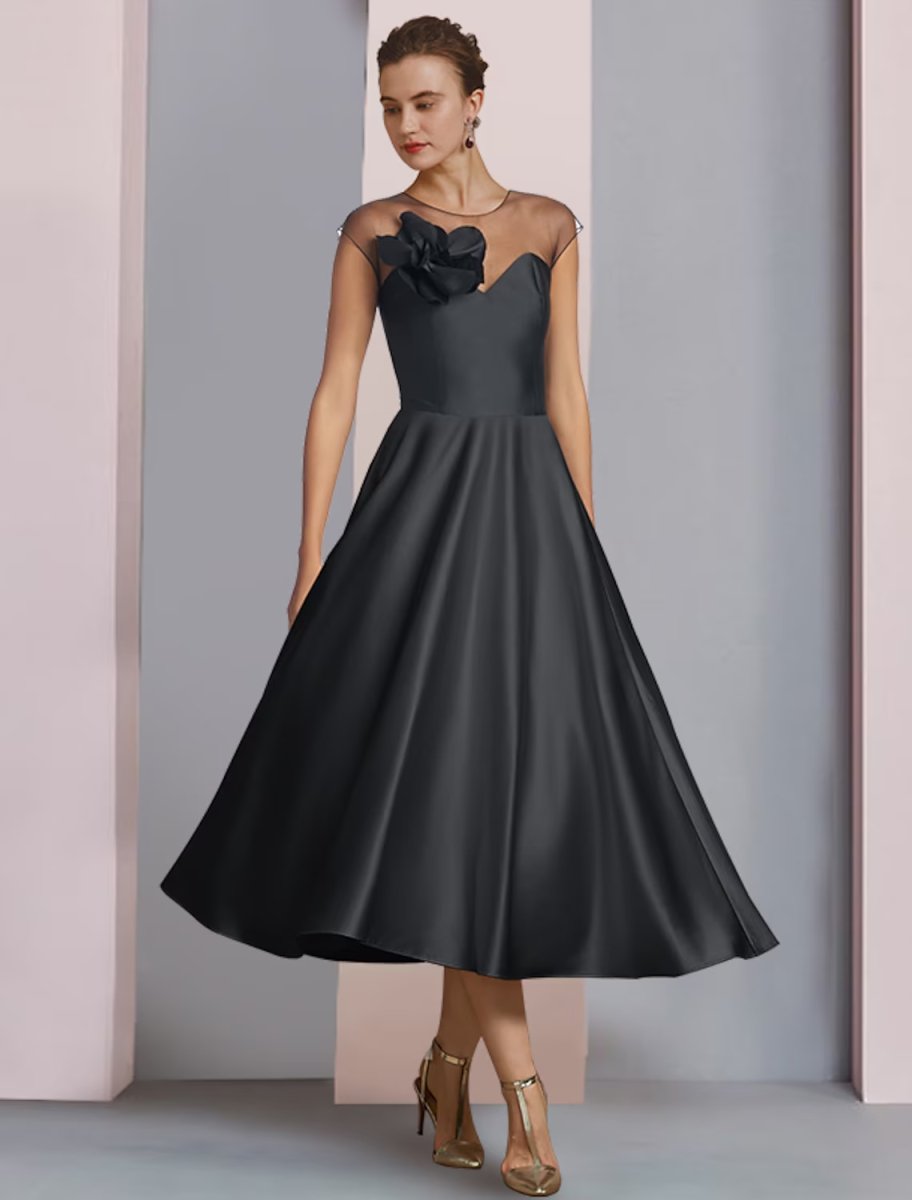 NumberSea - A - Line Mother of the Bride Dress Wedding Guest Party Elegant Scoop Neck Tea Length Satin Half Sleeve with Pleats Flower