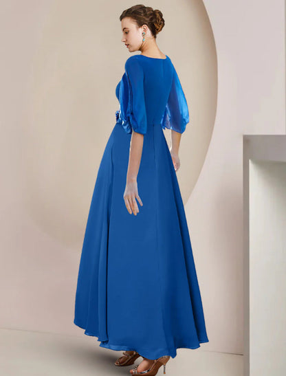 NumberSea - A - Line Mother of the Bride Dress Wedding Guest Party Elegant V Neck Asymmetrical Chiffon Half Sleeve with Crystal Brooch Ruching