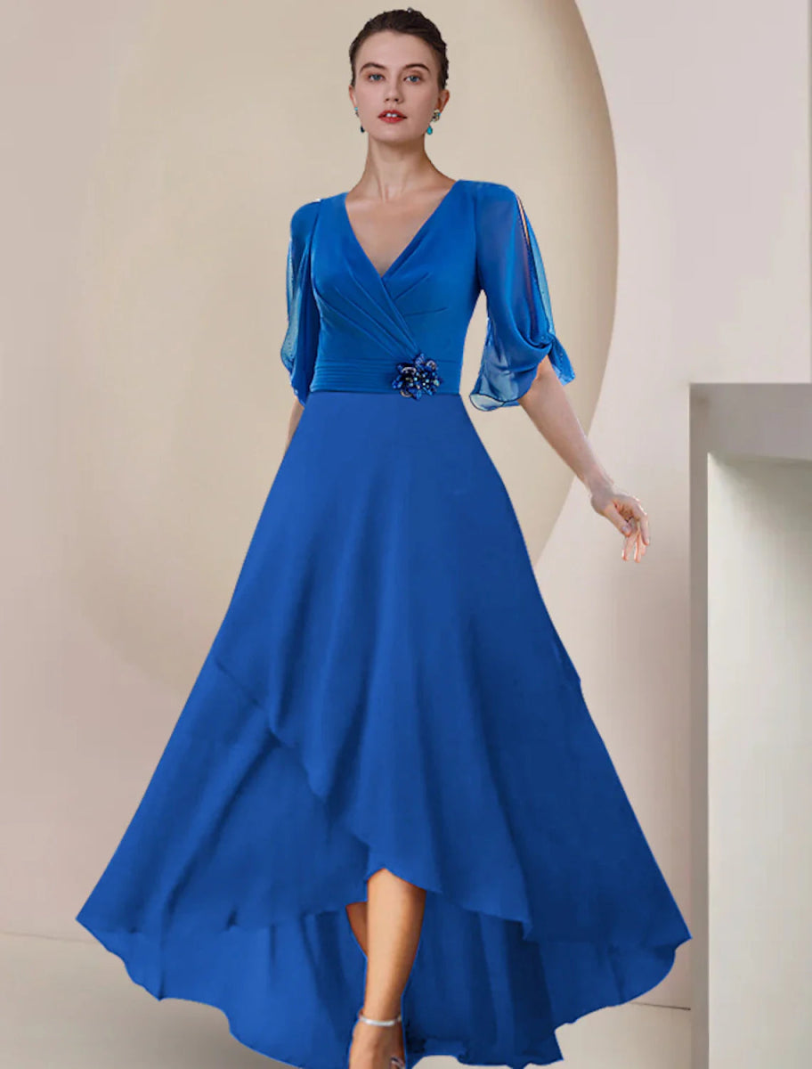 NumberSea - A - Line Mother of the Bride Dress Wedding Guest Party Elegant V Neck Asymmetrical Chiffon Half Sleeve with Crystal Brooch Ruching