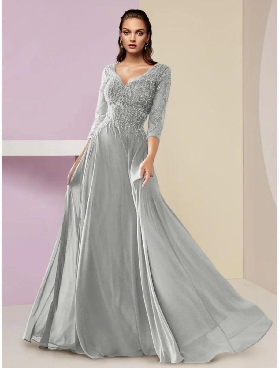 NumberSea - A - Line Mother of the Bride Dress Wedding Guest Party Elegant V Neck Floor Length Chiffon 3/4 Length Sleeve with Sequin Ruching