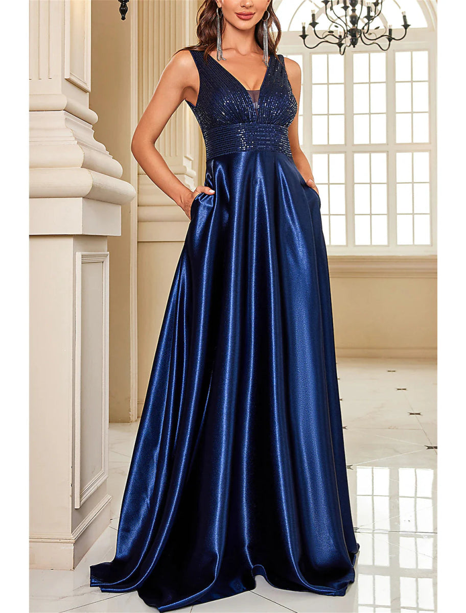 NumberSea - A - Line Mother of the Bride Dress Wedding Guest Party Sparkle & Shine Elegant V Neck Floor Length Satin Sequined Sleeveless with Sequin Color Block