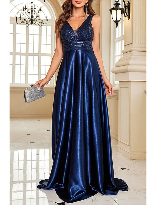 NumberSea - A - Line Mother of the Bride Dress Wedding Guest Party Sparkle & Shine Elegant V Neck Floor Length Satin Sequined Sleeveless with Sequin Color Block