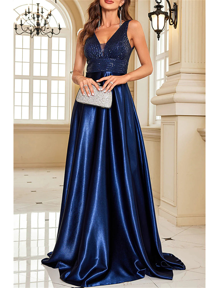 NumberSea - A - Line Mother of the Bride Dress Wedding Guest Party Sparkle & Shine Elegant V Neck Floor Length Satin Sequined Sleeveless with Sequin Color Block