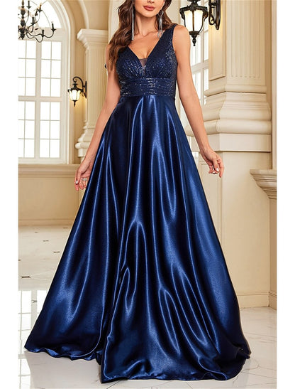 NumberSea - A - Line Mother of the Bride Dress Wedding Guest Party Sparkle & Shine Elegant V Neck Floor Length Satin Sequined Sleeveless with Sequin Color Block