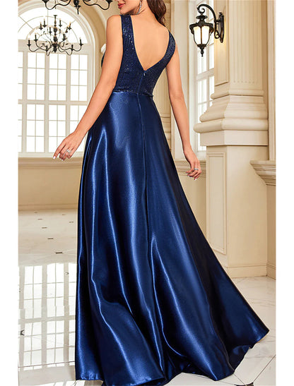 NumberSea - A - Line Mother of the Bride Dress Wedding Guest Party Sparkle & Shine Elegant V Neck Floor Length Satin Sequined Sleeveless with Sequin Color Block