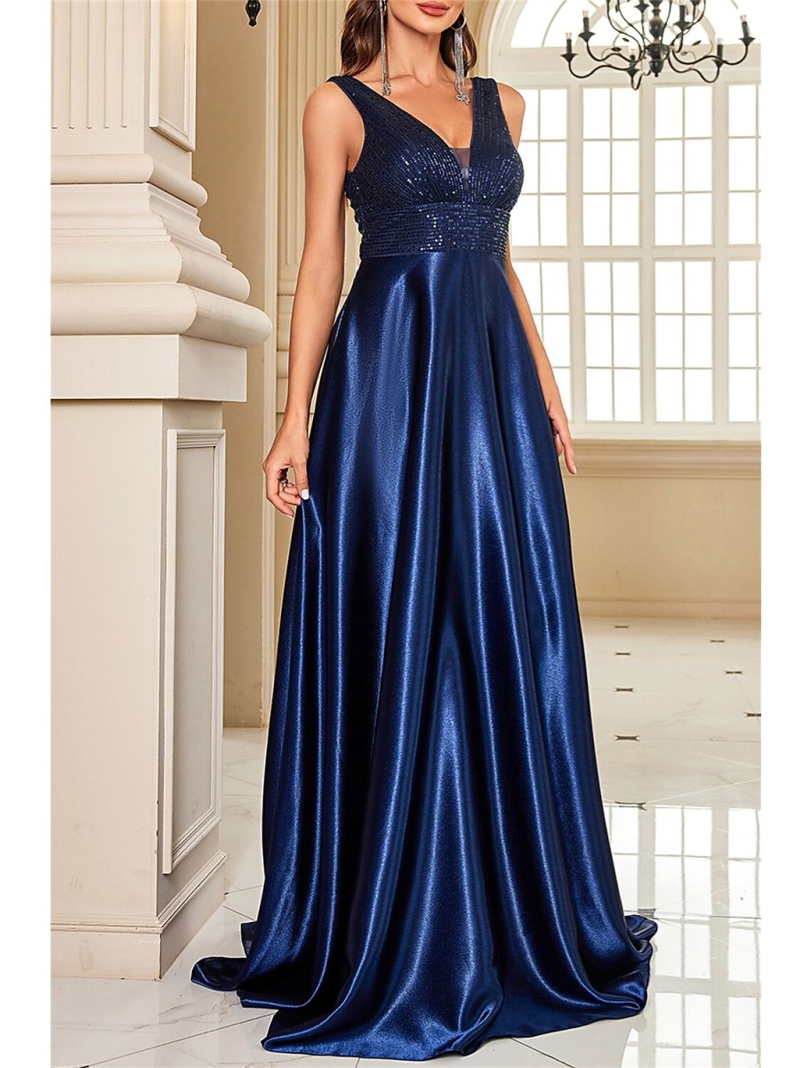 NumberSea - A - Line Mother of the Bride Dress Wedding Guest Party Sparkle & Shine Elegant V Neck Floor Length Satin Sequined Sleeveless with Sequin Color Block