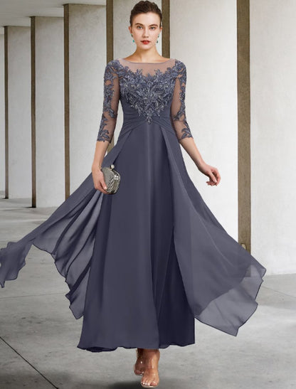 NumberSea - A - Line Mother of the Bride Dress Wedding Guest Plus Size Elegant Jewel Neck Ankle Length Chiffon Lace 3/4 Length Sleeve with Ruched Sequin Appliques