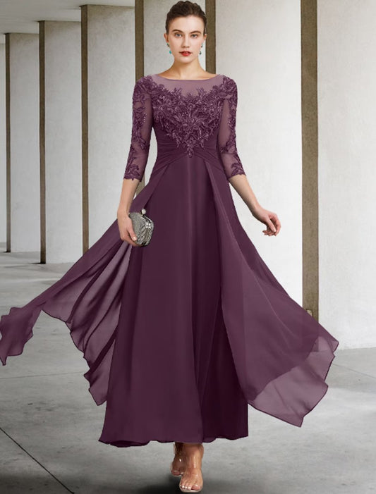 NumberSea - A - Line Mother of the Bride Dress Wedding Guest Plus Size Elegant Jewel Neck Ankle Length Chiffon Lace 3/4 Length Sleeve with Ruched Sequin Appliques