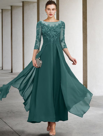 NumberSea - A - Line Mother of the Bride Dress Wedding Guest Plus Size Elegant Jewel Neck Ankle Length Chiffon Lace 3/4 Length Sleeve with Ruched Sequin Appliques