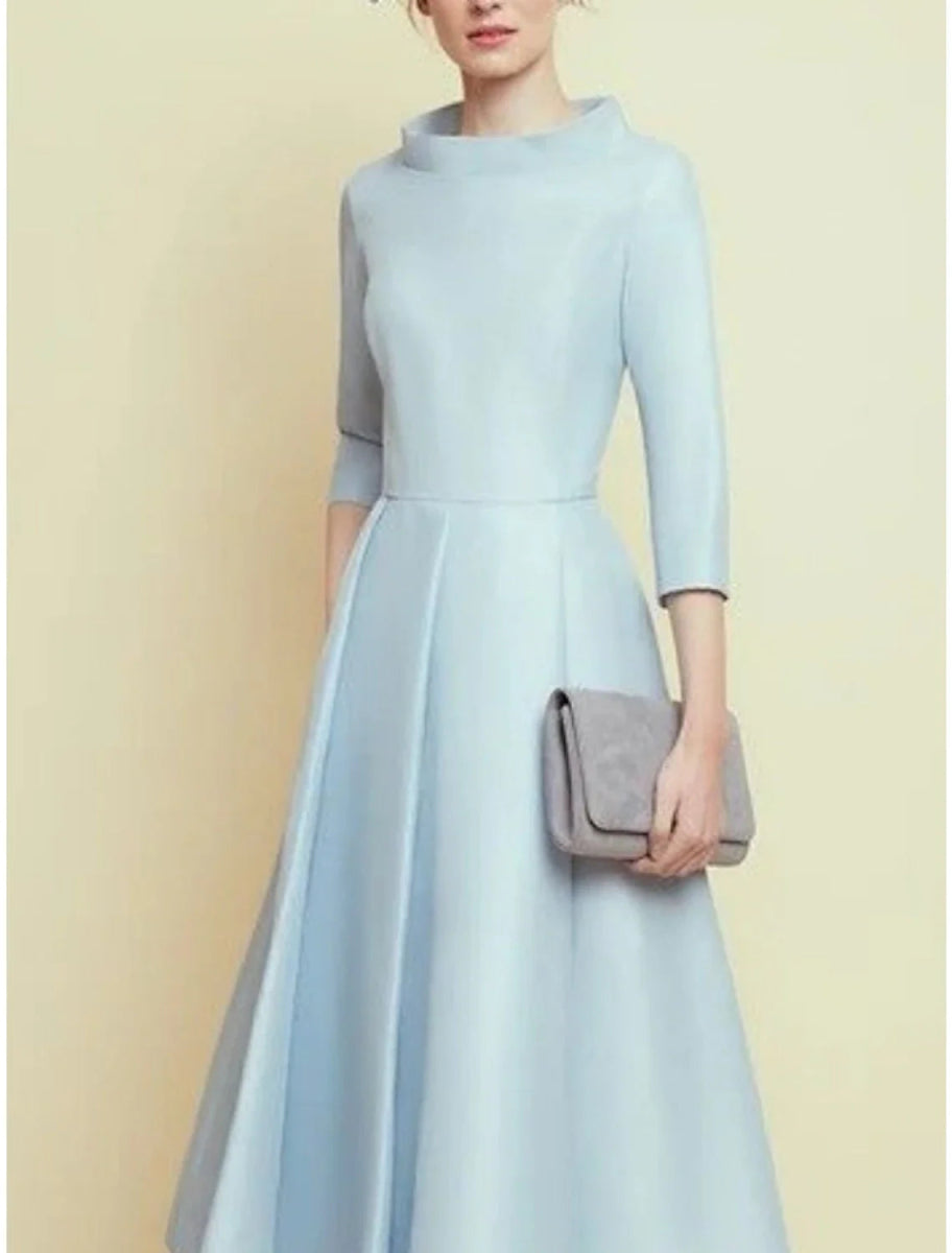 NumberSea - A - Line Mother of the Bride Dress Wedding Guest Simple Elegant Bateau Neck Tea Length Satin 3/4 Length Sleeve with Pleats Solid Color